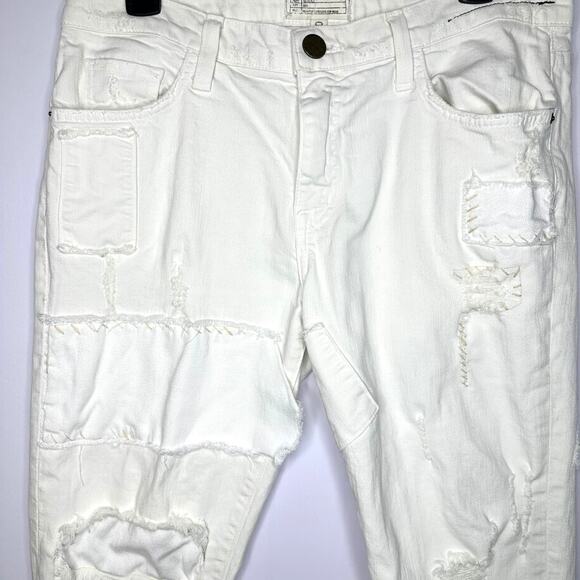 Current/Elliott The Fling White Moto Distressed Slim Boyfriend Patch Jeans 28 - Picture 6 of 10